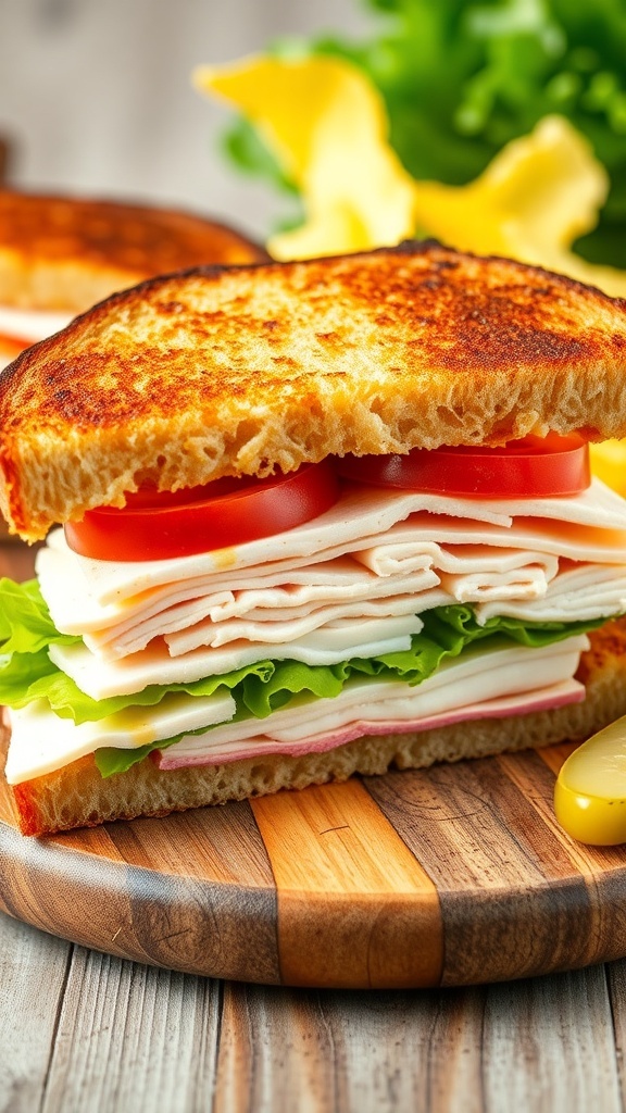 Sourdough Turkey Sandwich Recipe A delicious sourdough turkey sandwich with turkey, lettuce, and tomato on toasted bread, served with chips and a pickle.